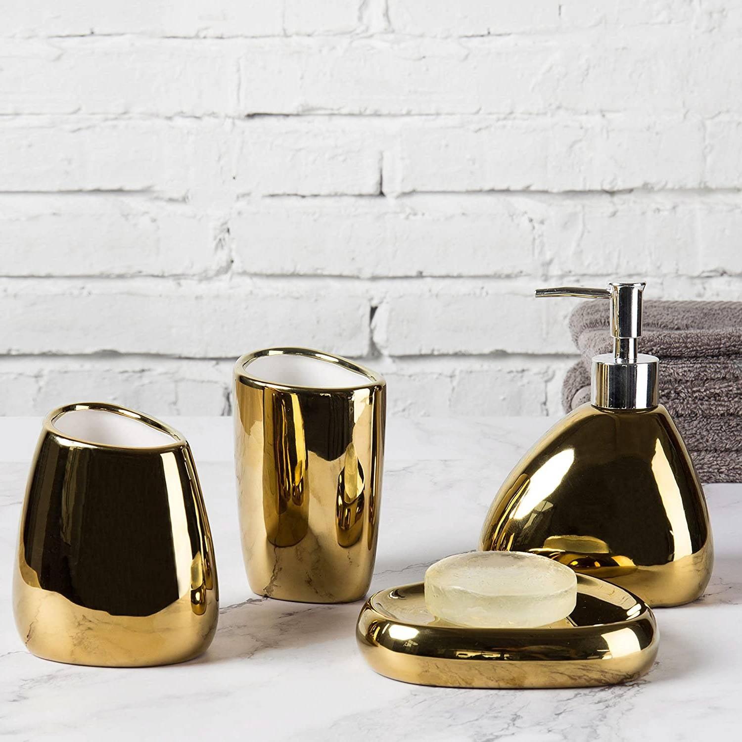 MyGift Gold Ceramic Bathroom Accessory 4 Set