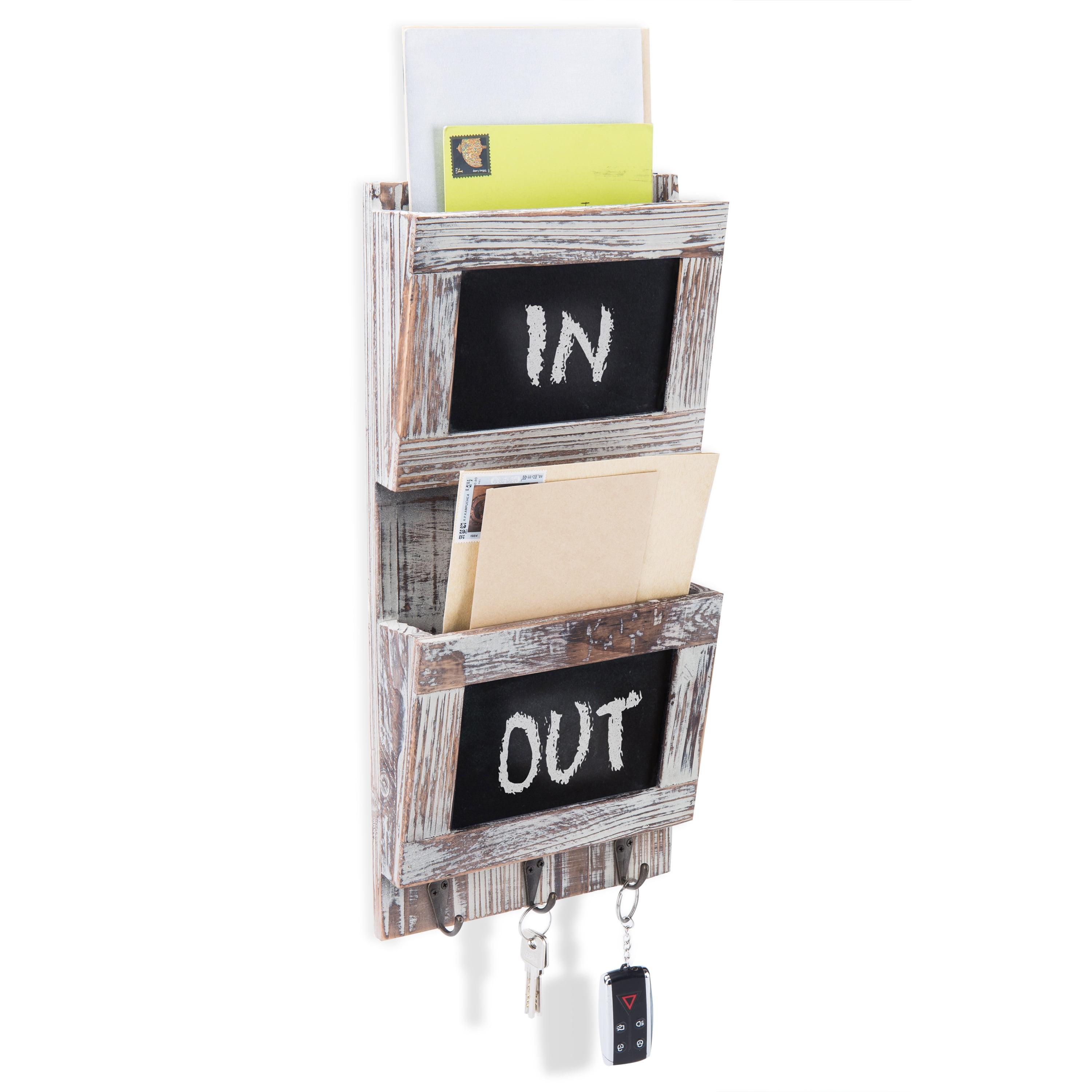 MyGift Rustic Wood Wall-Mounted 2-Slot Mail Sorter Organizer with Chalkboard Surface and 3 Key Hook Rack