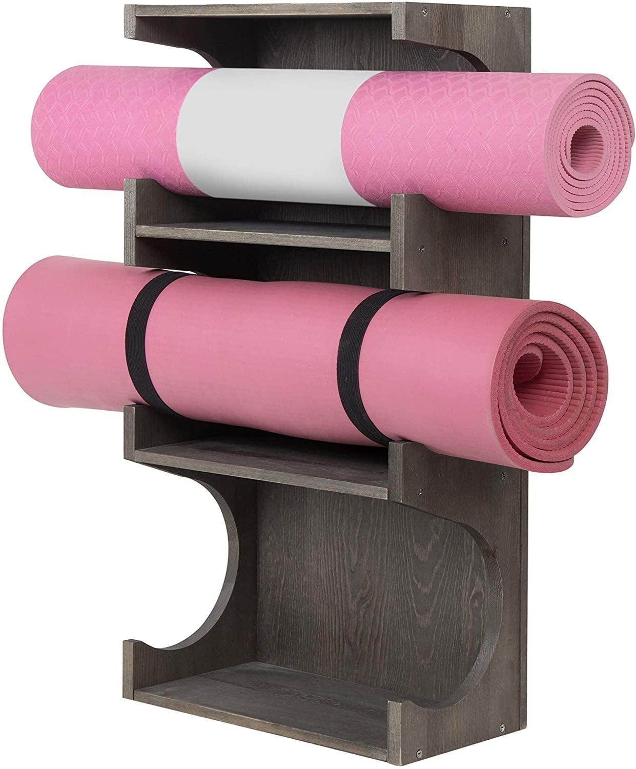 MyGift Wall-Mounted Vintage Gray Wood 3-Tier Yoga and Barre Mats Storage Rack