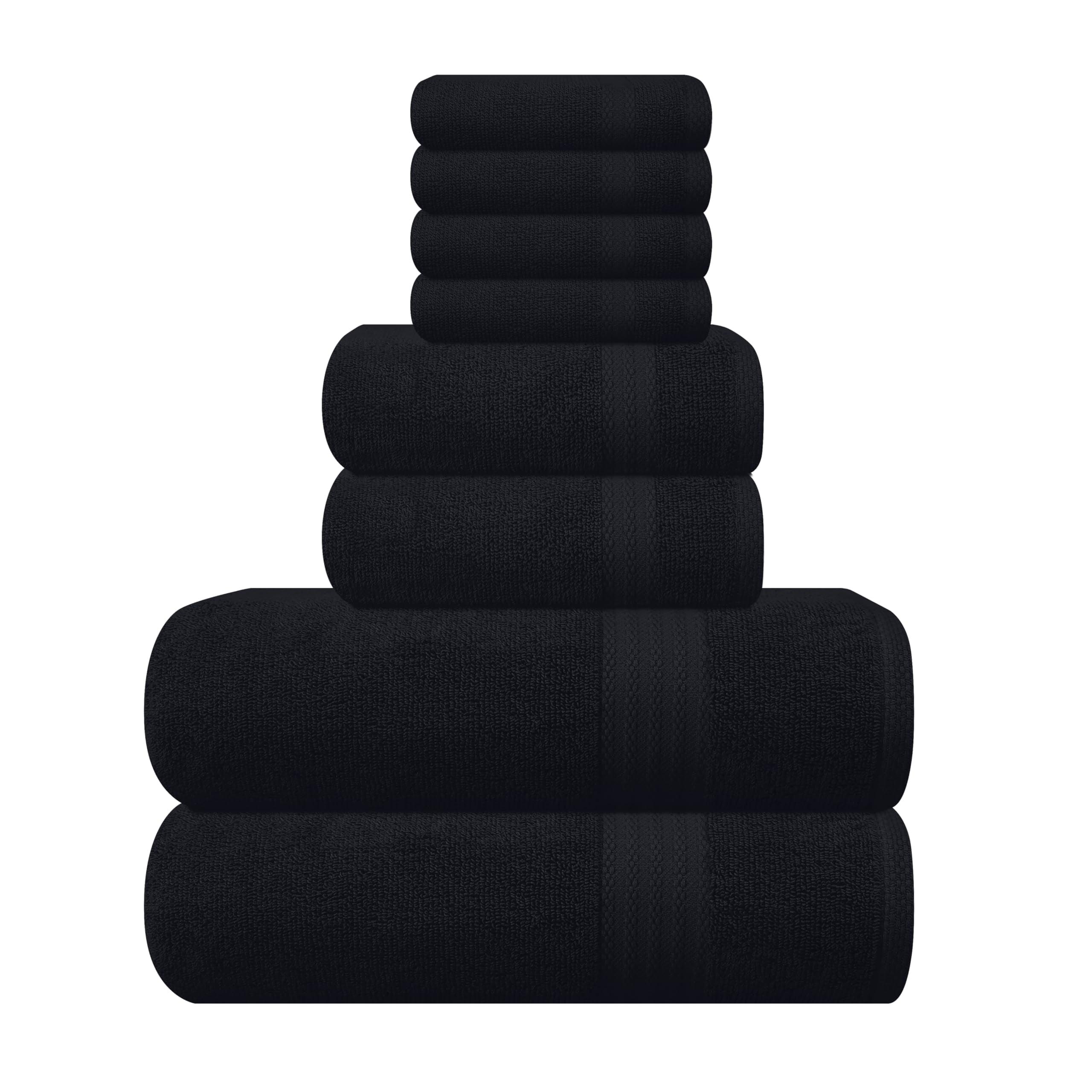 MALLONI HOME 8 Piece Towel Set 100% Ring Spun Cotton, 2 Bath Towels 27x54, 2 Hand Towels 16x28 and 4 Washcloths 13x13 - Ultra Soft Highly Absorbent Machine Washable Hotel Spa Quality - Black