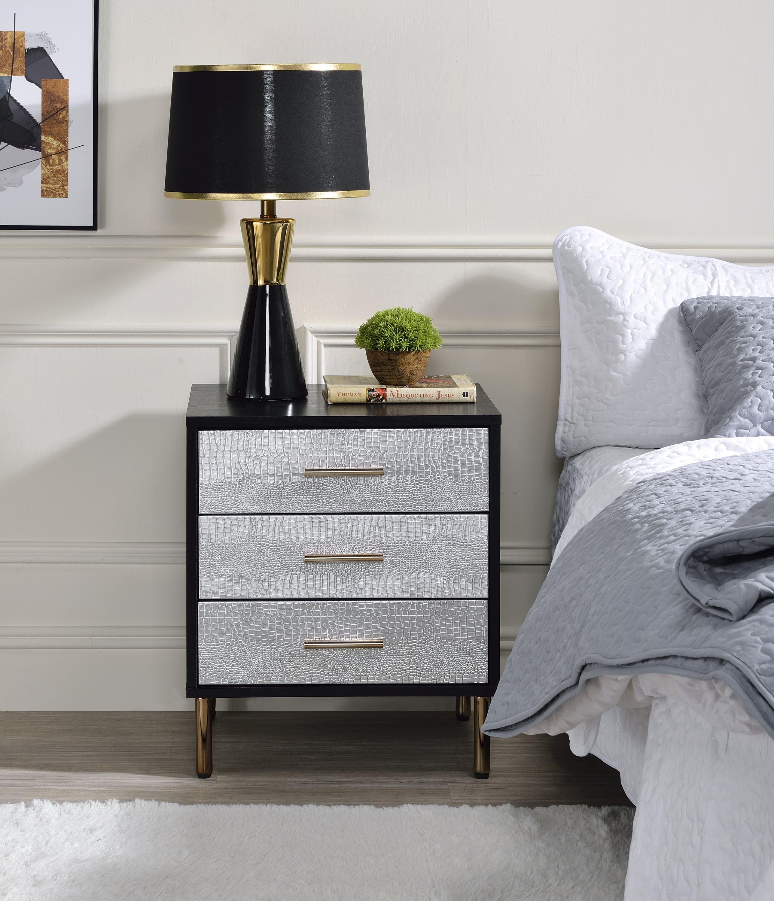 Black, Silver, and Gold 3-Drawer Faux Crocodile Nightstand