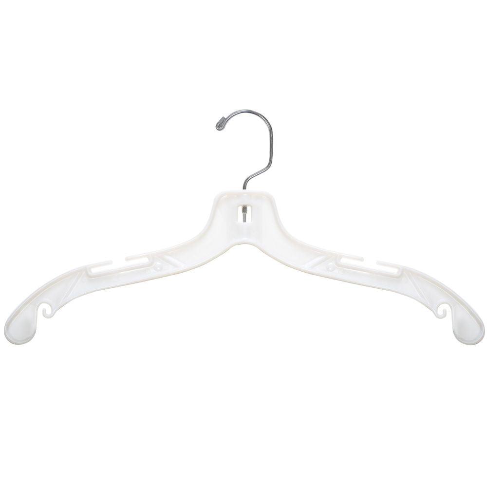 17" White Plastic Shirt Hangers with Chrome Hook, Pack of 100