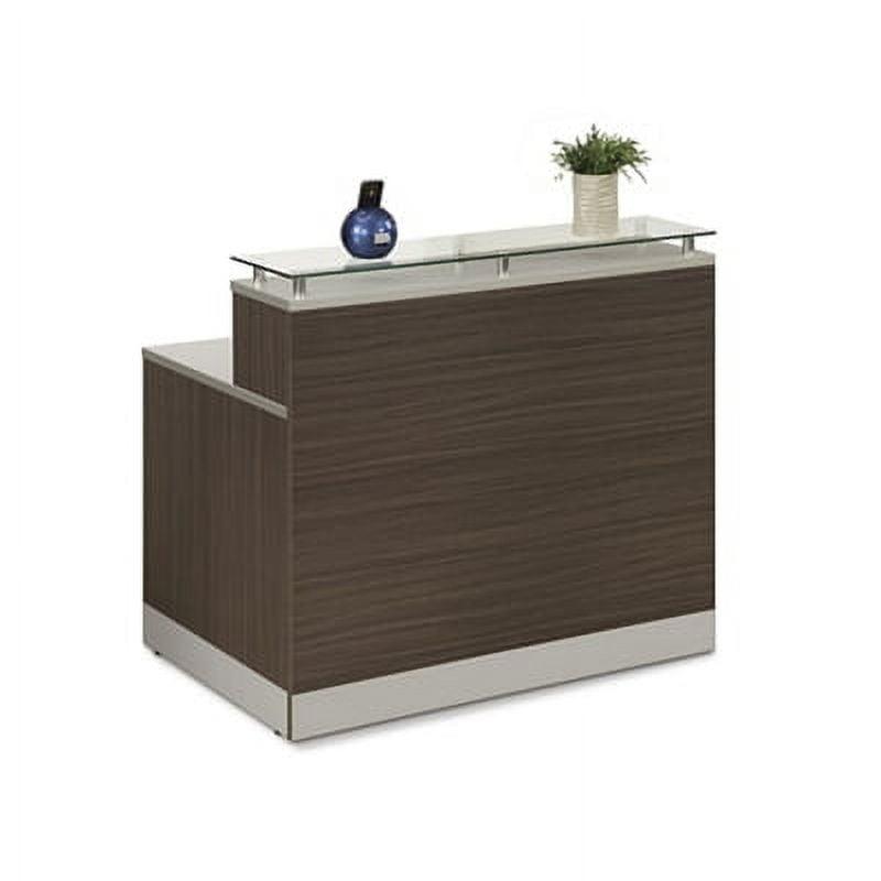 NBF Signature Series Esquire Reception Desk Glass Top, Driftwood Silver Laminate Desk 48”Wx32”D