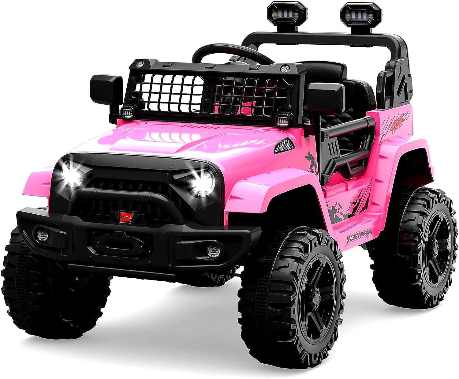 CIPACHO 12V Kids Ride On Truck Car Toy with Parent Remote Control, Spring Suspension, LED Lights, Pink