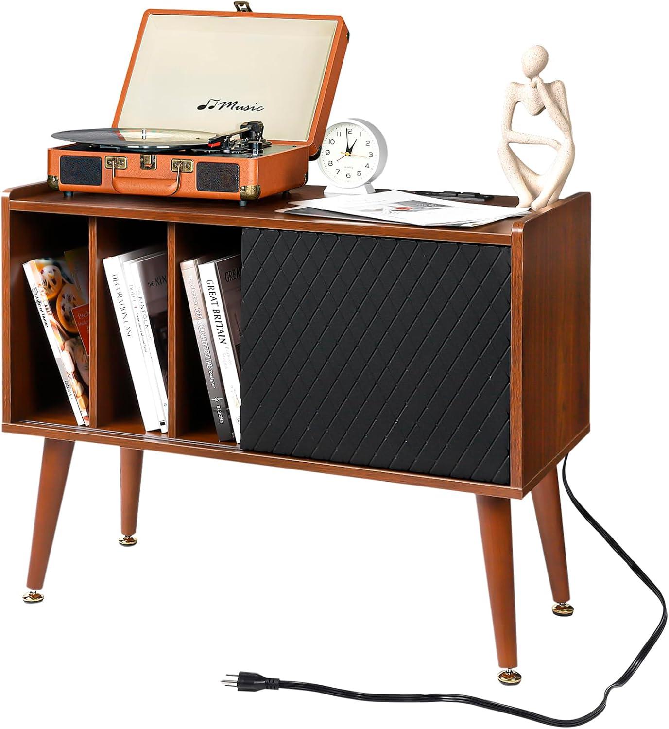 Record Player Stand with Charging Station, Vinyl Record Storage Cabinet with Sliding Door