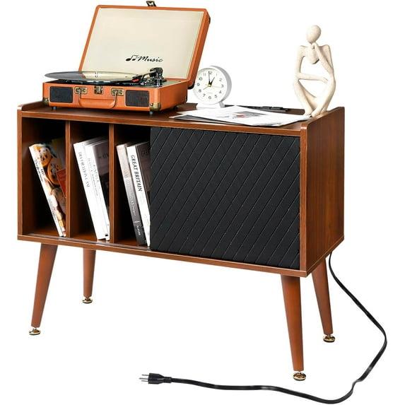 Record Player Stand with Charging Station, Vinyl Record Storage Cabinet with Sliding Door