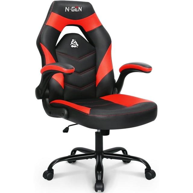 N-GEN Adjustable Ergonomic Faux Leather Swiveling PC & Racing Game Office Desk Chair with Flip-Up Arms