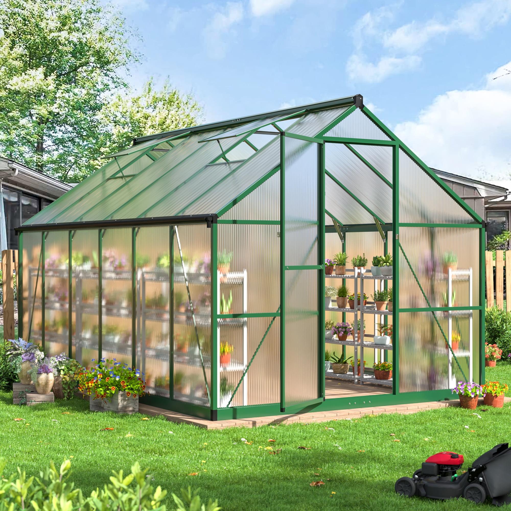 12x8 FT Greenhouse for Outdoors, Large Walk-in Greenhouse with Roof Vent, Heavy Duty Polycarbonate Greenhouse for Garden Patio Backyard