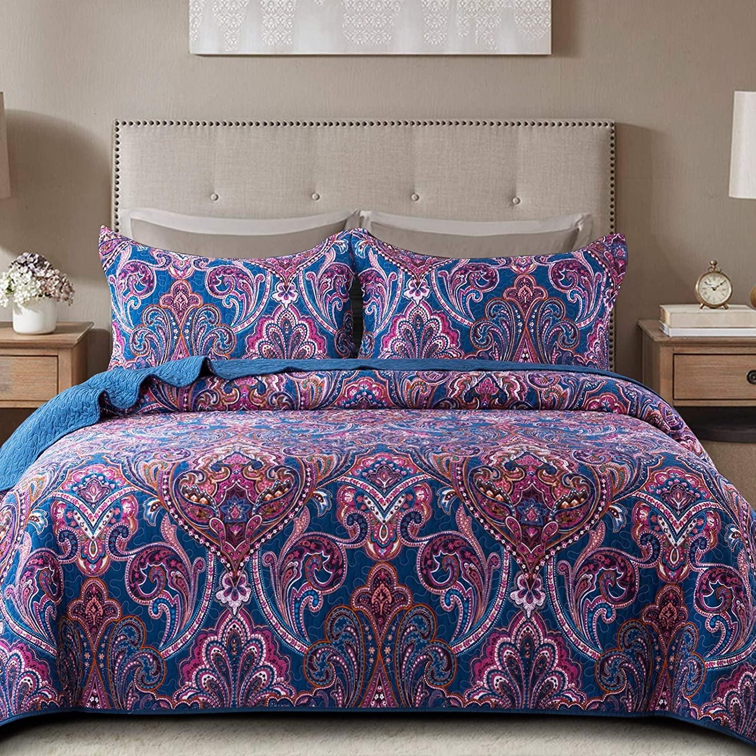NEWLAKE Cotton Bedspread King Quilt Sets, Purple Classic Floral Pattern