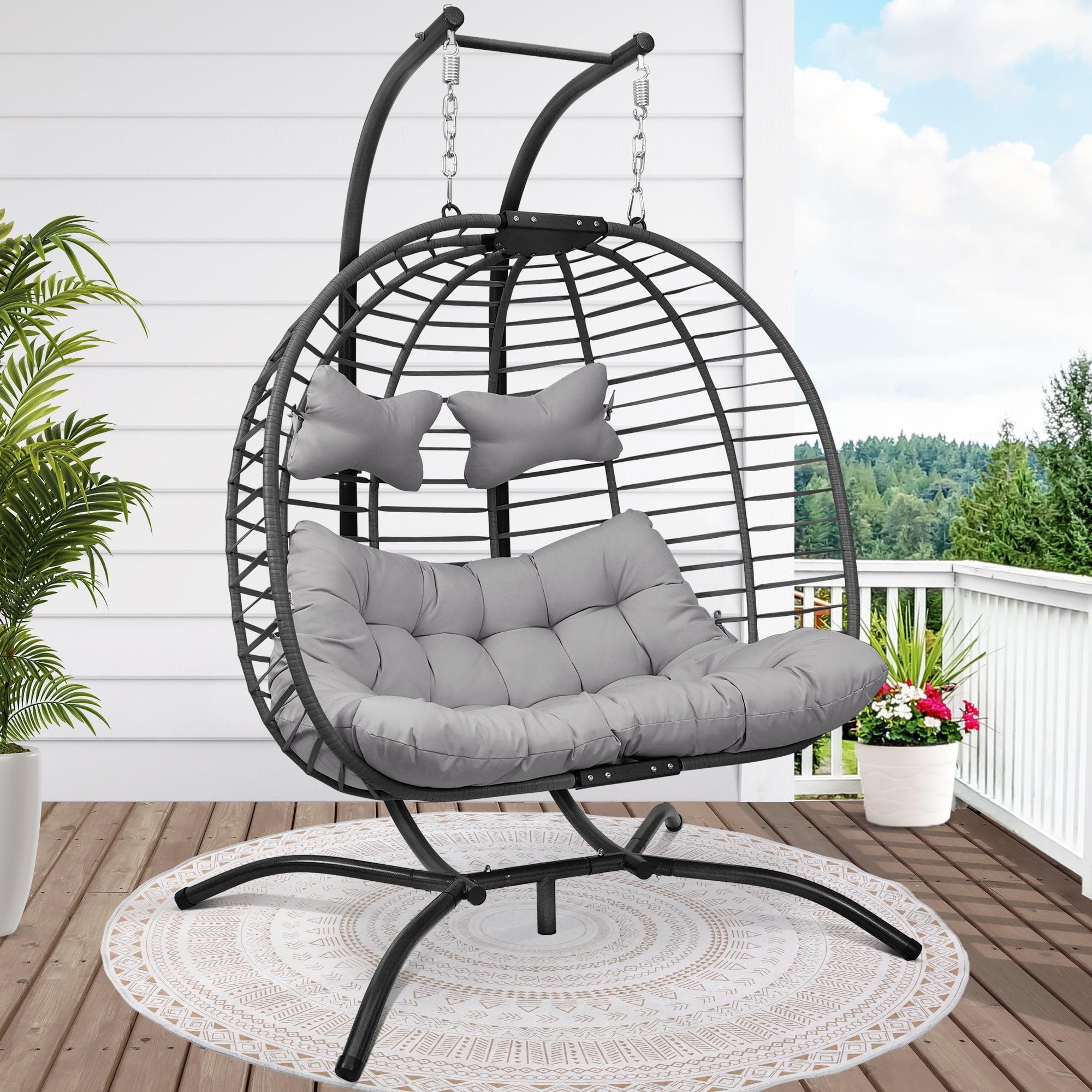 Outdoor Double Hanging Egg Chair with Stand PE Wicker Oversized Patio 2 Person Swing Egg Chair Gray Loveseat