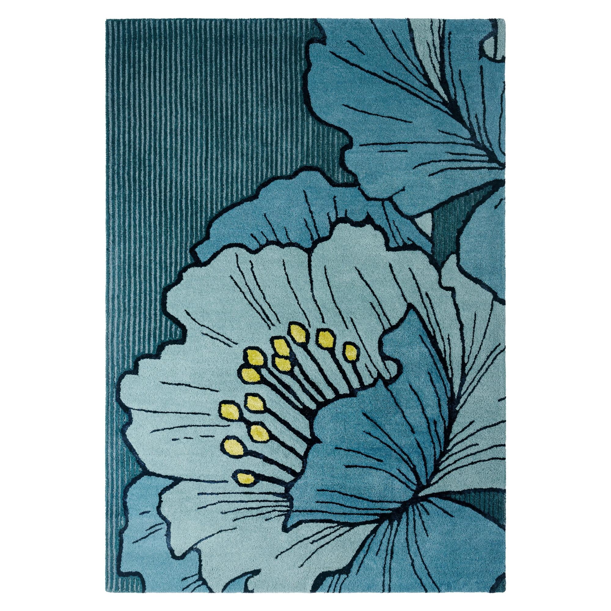 NICOLE MILLER NEW YORK Flora Grandeur Bloom Handcrafted Area Rug, Natural Wool Rug, Bold Floral Rug, Blue, 6'x9'