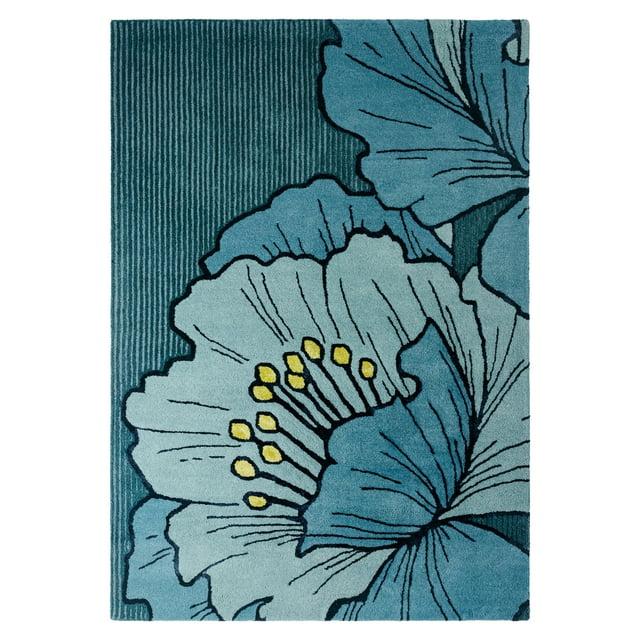 NICOLE MILLER NEW YORK Flora Grandeur Bloom Handcrafted Area Rug, Natural Wool Rug, Bold Floral Rug, Blue, 6'x9'