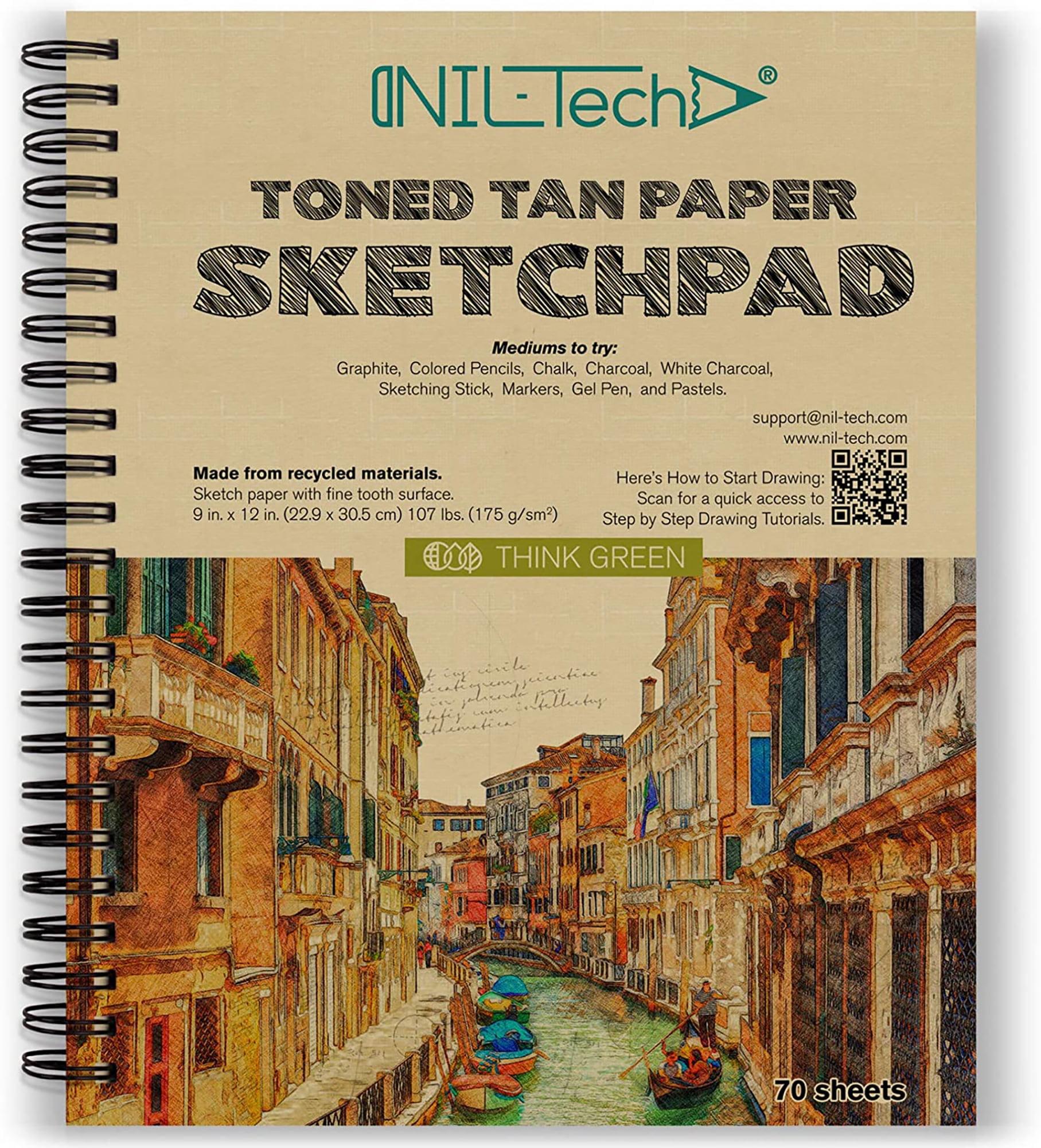 NIL - Tech70 Sheets Premium Toned Tan Sketchbook - 9x12 inches (107 lb/175 GSM) Spiral Bound Drawing Paper Pad for Markers, Colored Pencils, Chalk, Oil Pastels, Charcoal Pencils and Graphite