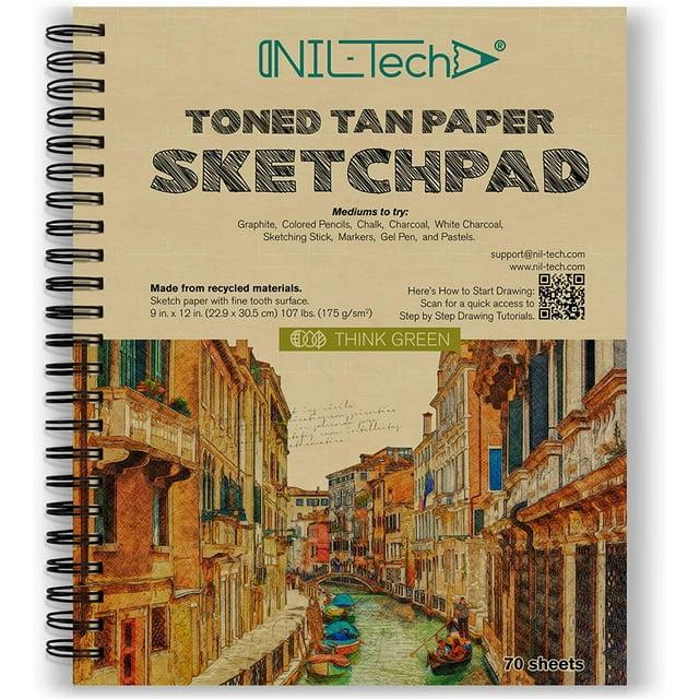 NIL - Tech70 Sheets Premium Toned Tan Sketchbook - 9x12 inches (107 lb/175 GSM) Spiral Bound Drawing Paper Pad for Markers, Colored Pencils, Chalk, Oil Pastels, Charcoal Pencils and Graphite