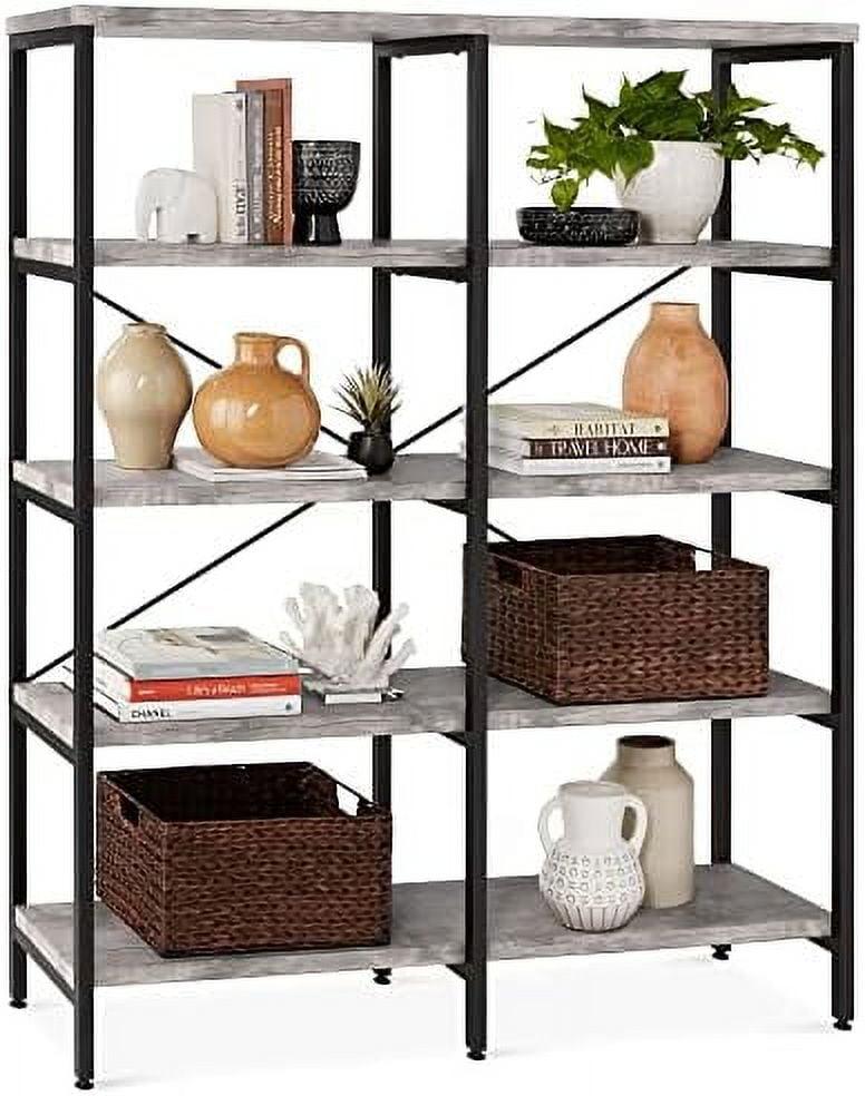 Adjustable Gray Wood 5-Tier Industrial Bookshelf