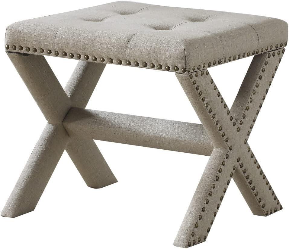 Champagne Nailhead Trim Beige Linen Blend Accent Bench