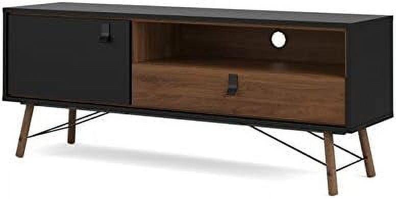 Ry Black Matte and Walnut TV Stand with Open Shelf and Storage