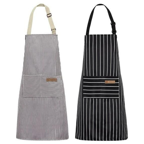 NLUS 2 Pack Cooking Aprons for Women Men with 2 Pockets, 29.5" x 26.8" (Black/Brown Stripes)