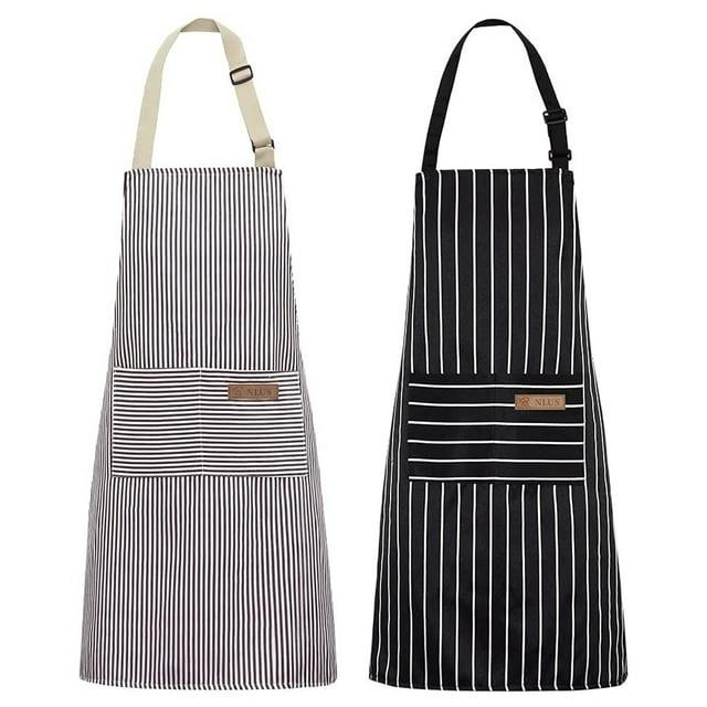 NLUS 2 Pack Cooking Aprons for Women Men with 2 Pockets, 29.5" x 26.8" (Black/Brown Stripes)