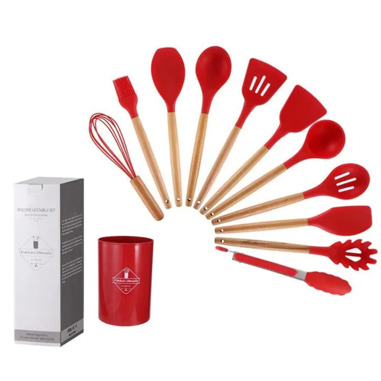 NNGYNX 12-Piece Silicone Kitchen Utensils Set with High Temperature Resistant and Non-stick Wooden Handles and Bucket  Complete with Spatula and Spoon