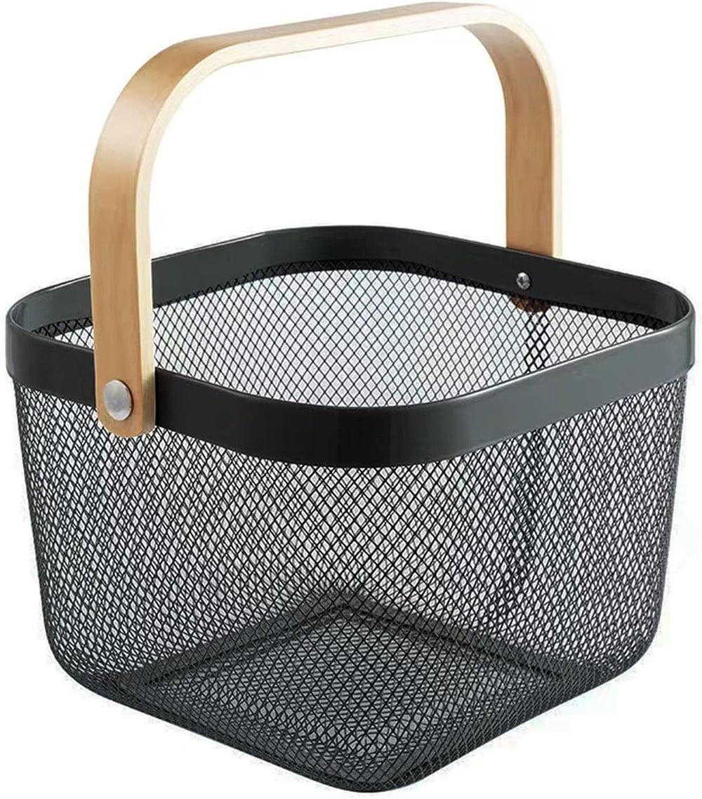 Black Metal Mesh Basket with Wooden Handle for Storage