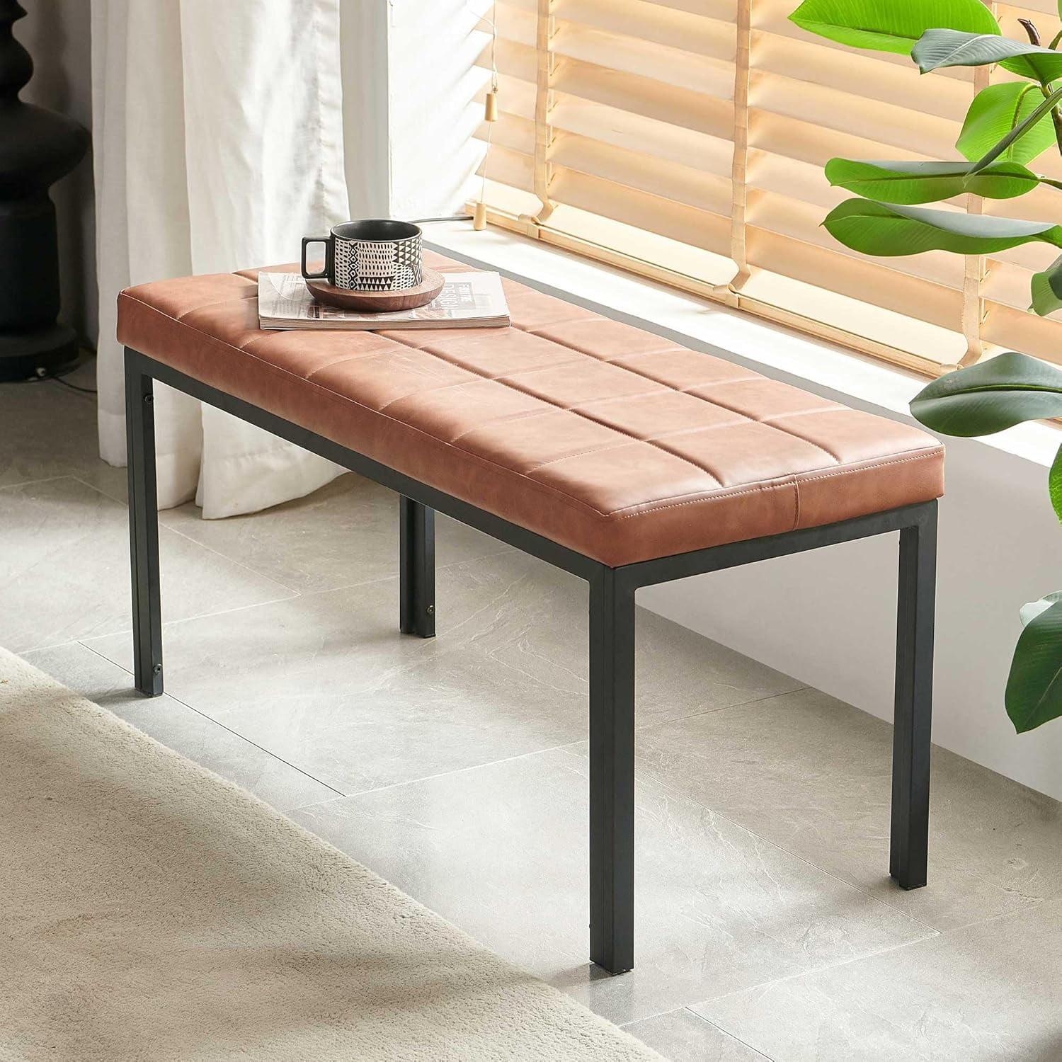 NORDICANA Bedroom Bench Upholstered PU Leather Entryway Dining Bench Tufted with Metal Frame