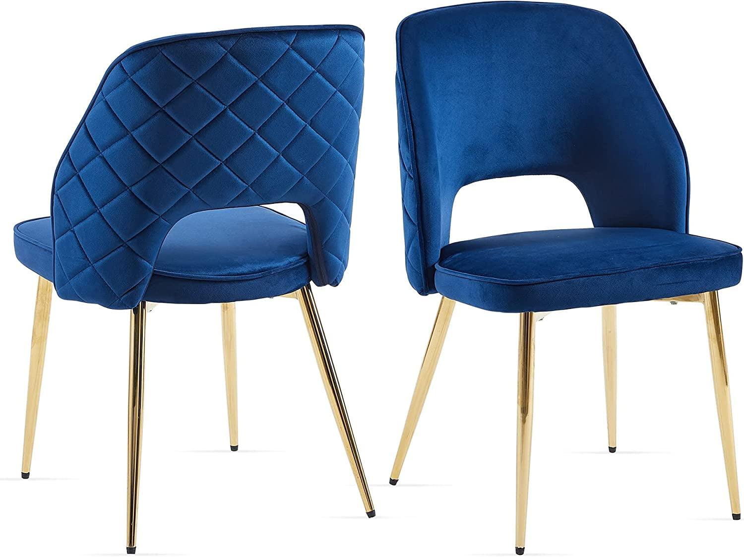 Navy Blue Velvet Upholstered Side Chair with Gold Metal Legs, Set of 2