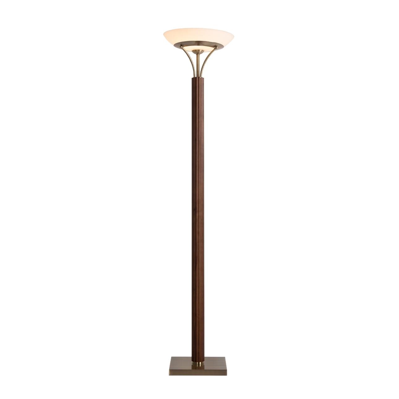 Dark Walnut and Weathered Brass Torchiere Floor Lamp with Glass Diffuser