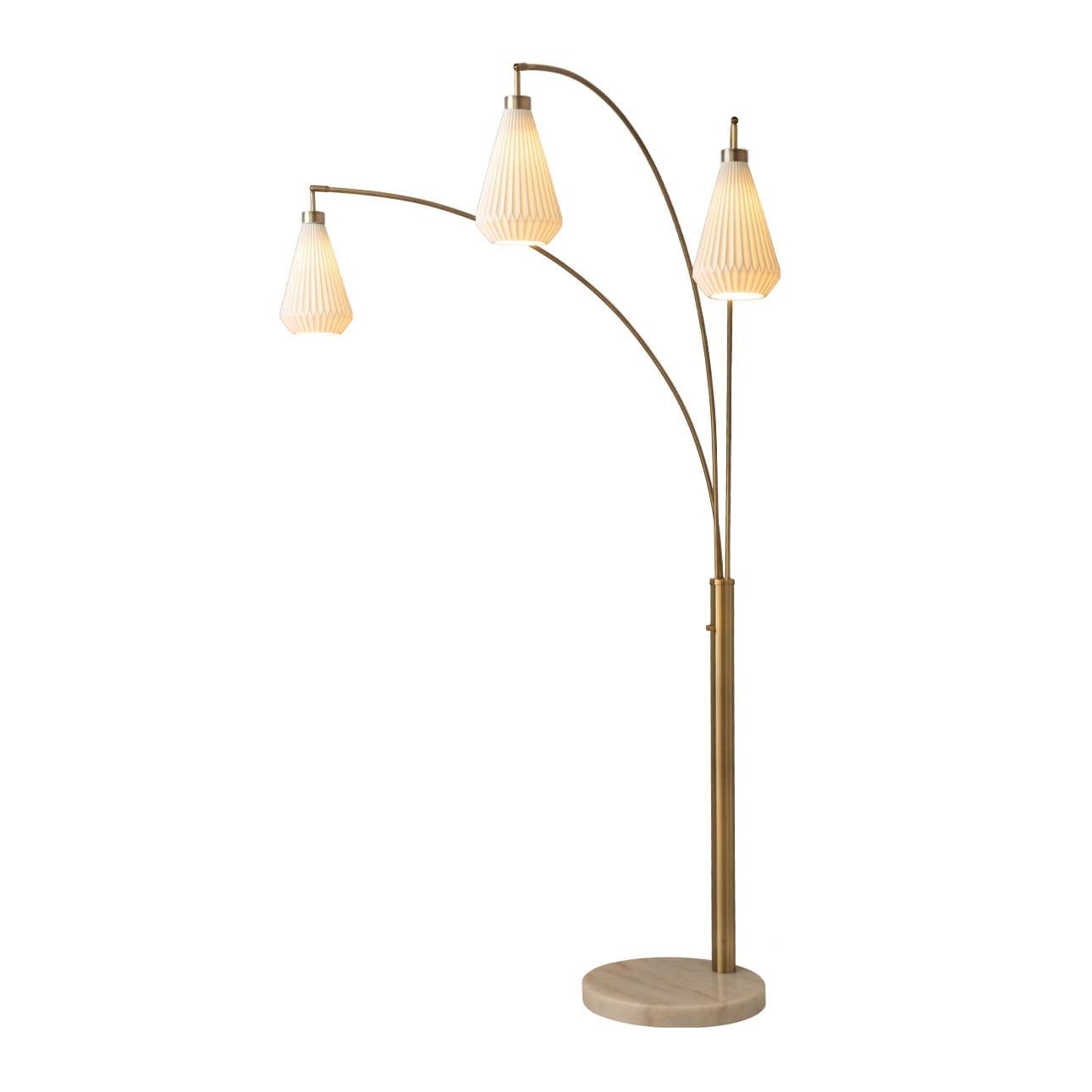Nova of California Concord Bone Porcelain Shade 3 Light Arc Floor Lamp - 85", Weathered Brass & Walnut, Dimmer Switch