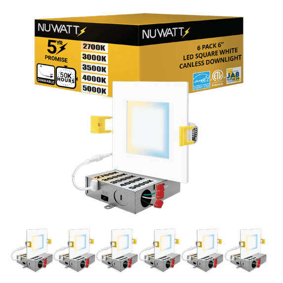 NUWATT 6 Pack 6 Inch Square Ultra-Thin LED Recessed Lighting, Selectable 2700K/3000K/3500K/4000K/5000K, High Brightness 1050 Lumens Dimmable, White Canless Slim Wafer Light, IC Rated, Metal J-Box