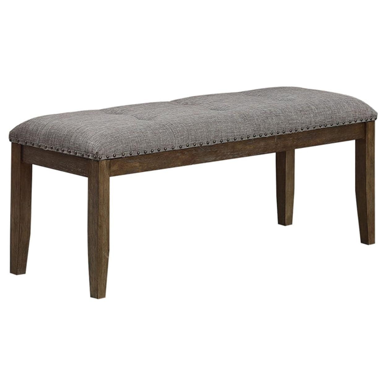 Transitional Flare Chamfered Leg Fabric Bench with Nailhead Trim, Brown and Gray