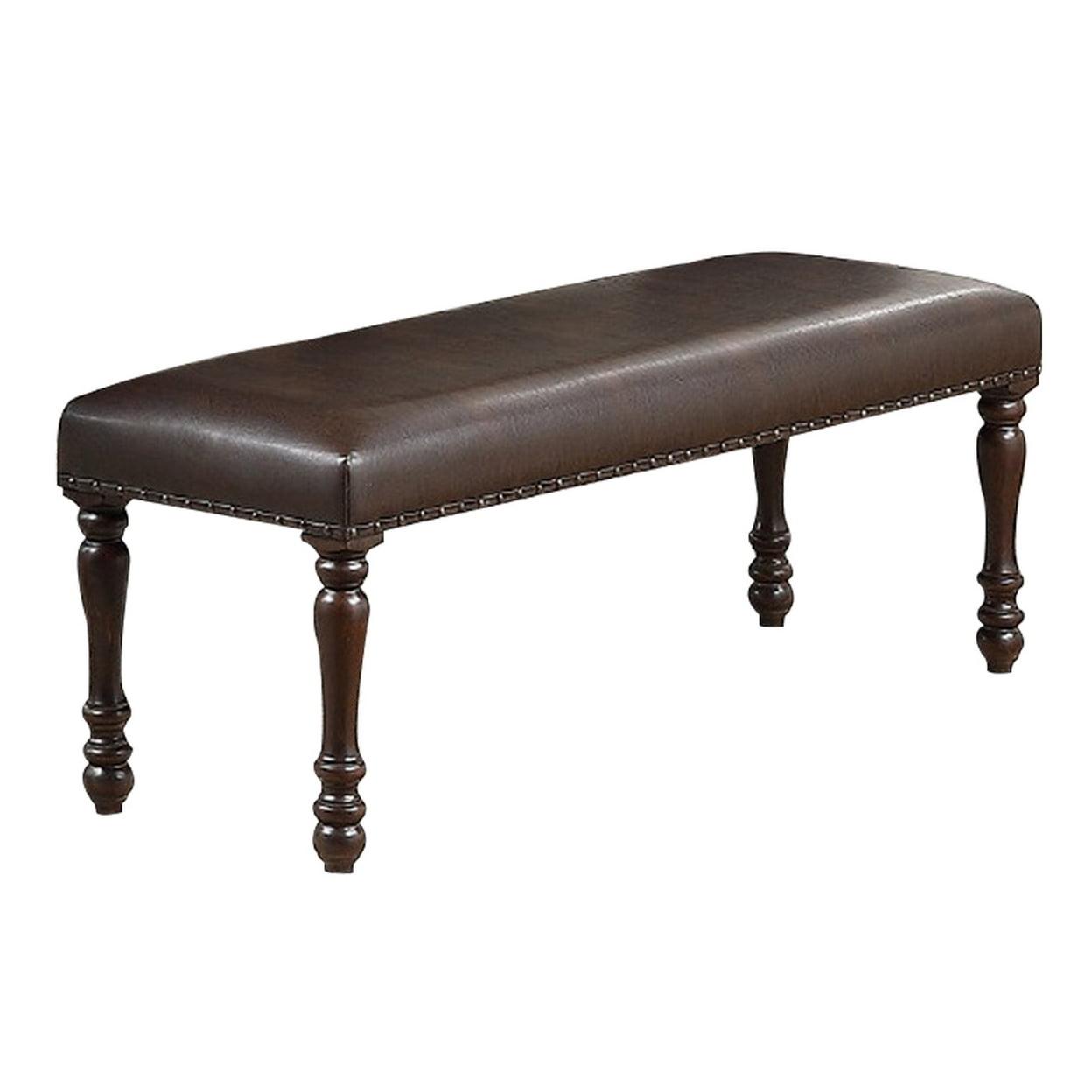 Nailhead Trim Faux Leather Dining Bench with Turned Legs Brown - Saltoro Sherpi