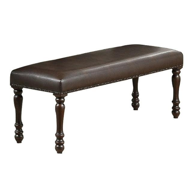 Nailhead Trim Faux Leather Dining Bench with Turned Legs Brown - Saltoro Sherpi