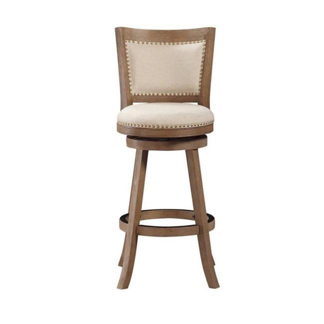 Brown Wood Barstool with Beige Linen Upholstery and Nailhead Trim