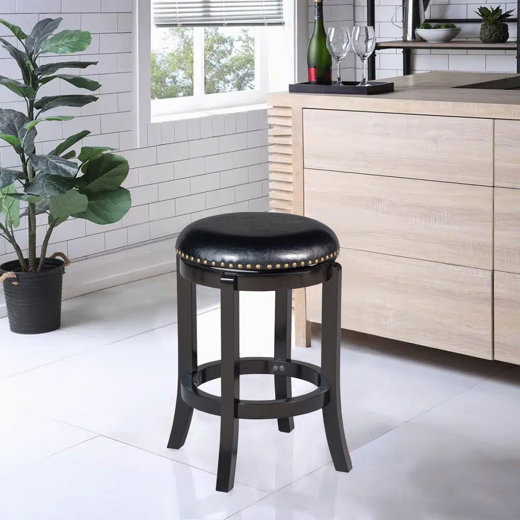 Transitional Black Faux Leather Swivel Counter Stool with Nailhead Trim