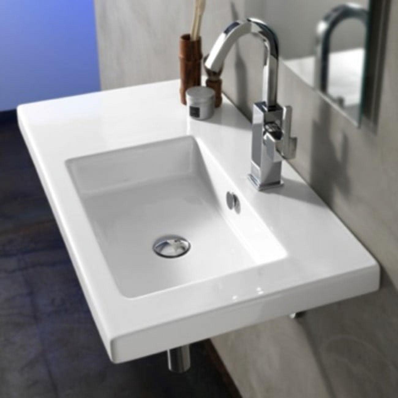 Glossy White Ceramic Wall-Mount Rectangular Bathroom Sink