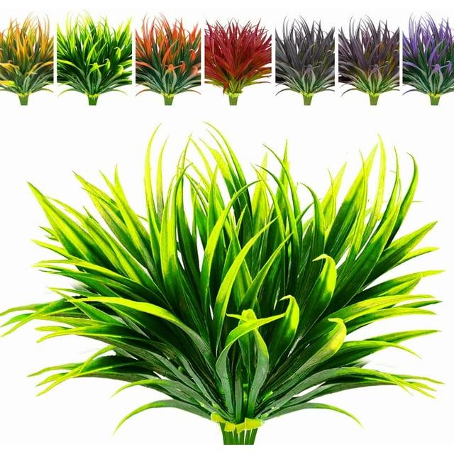 Nvzi 8 Pcs Outdoor Fake Plants UV Resistant Artificial Tall Grass Plants Faux Tropical Flowers Bushes Décor Green
