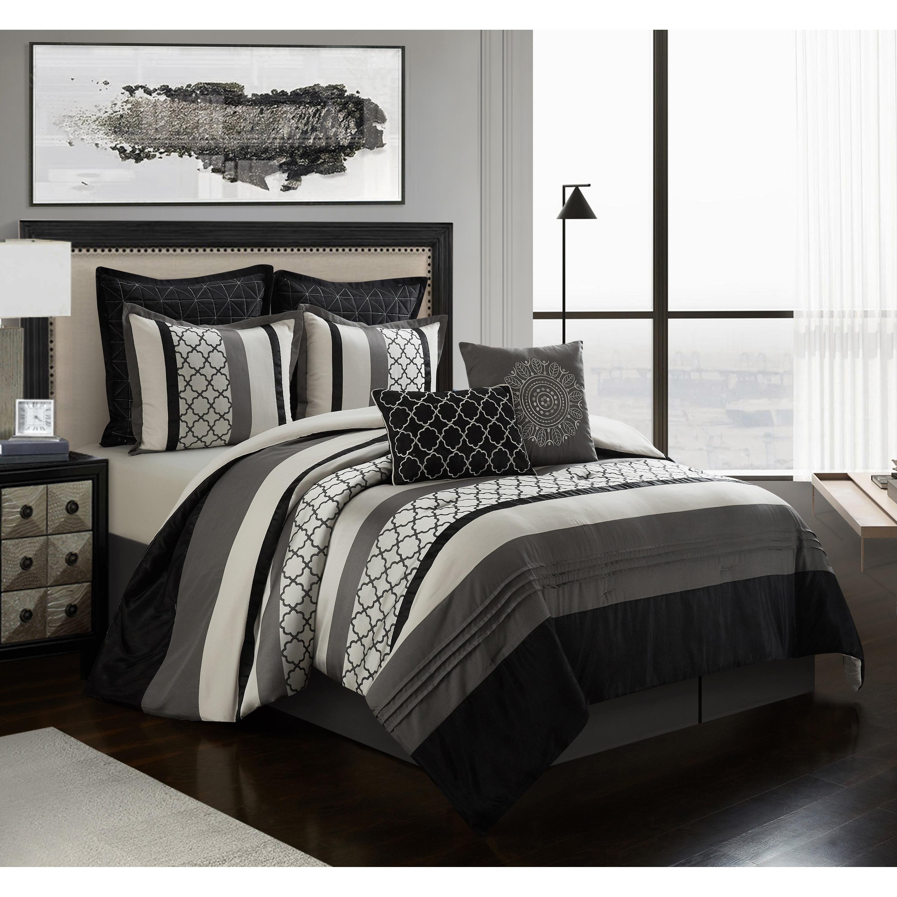 Nanshing Avalon 8 Piece Trellis Moroccan Print Comforter Set, Black/Grey, King