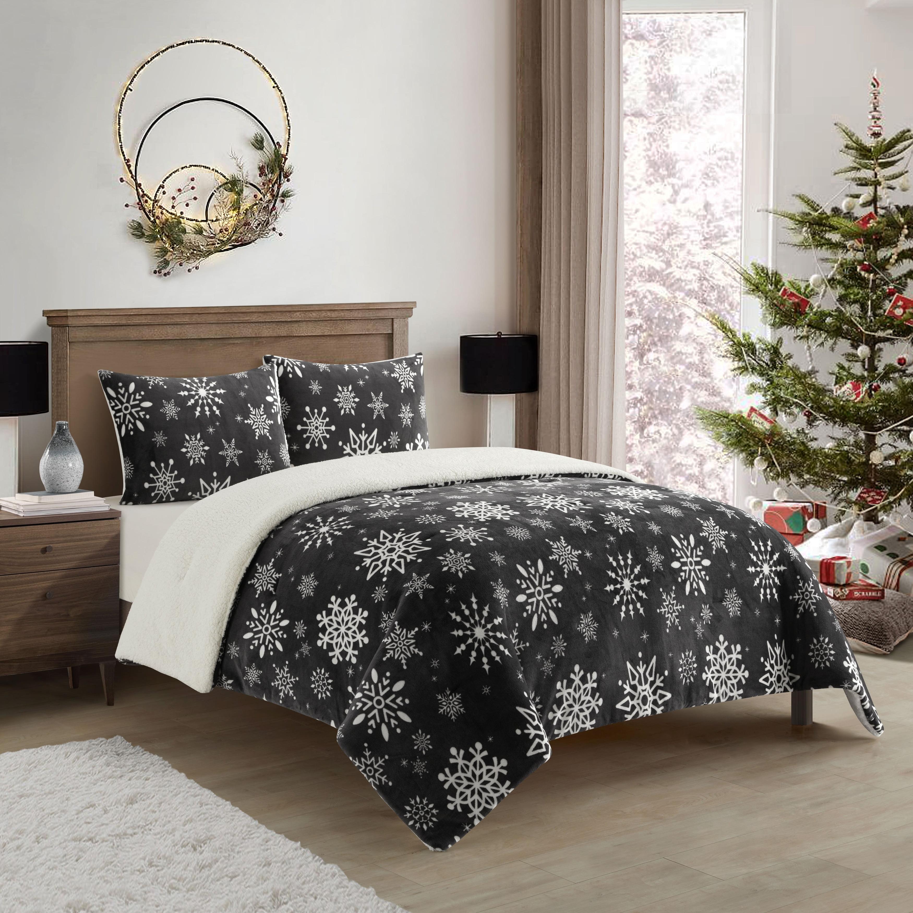 Queen Black and White Sherpa Snowflake Comforter Set