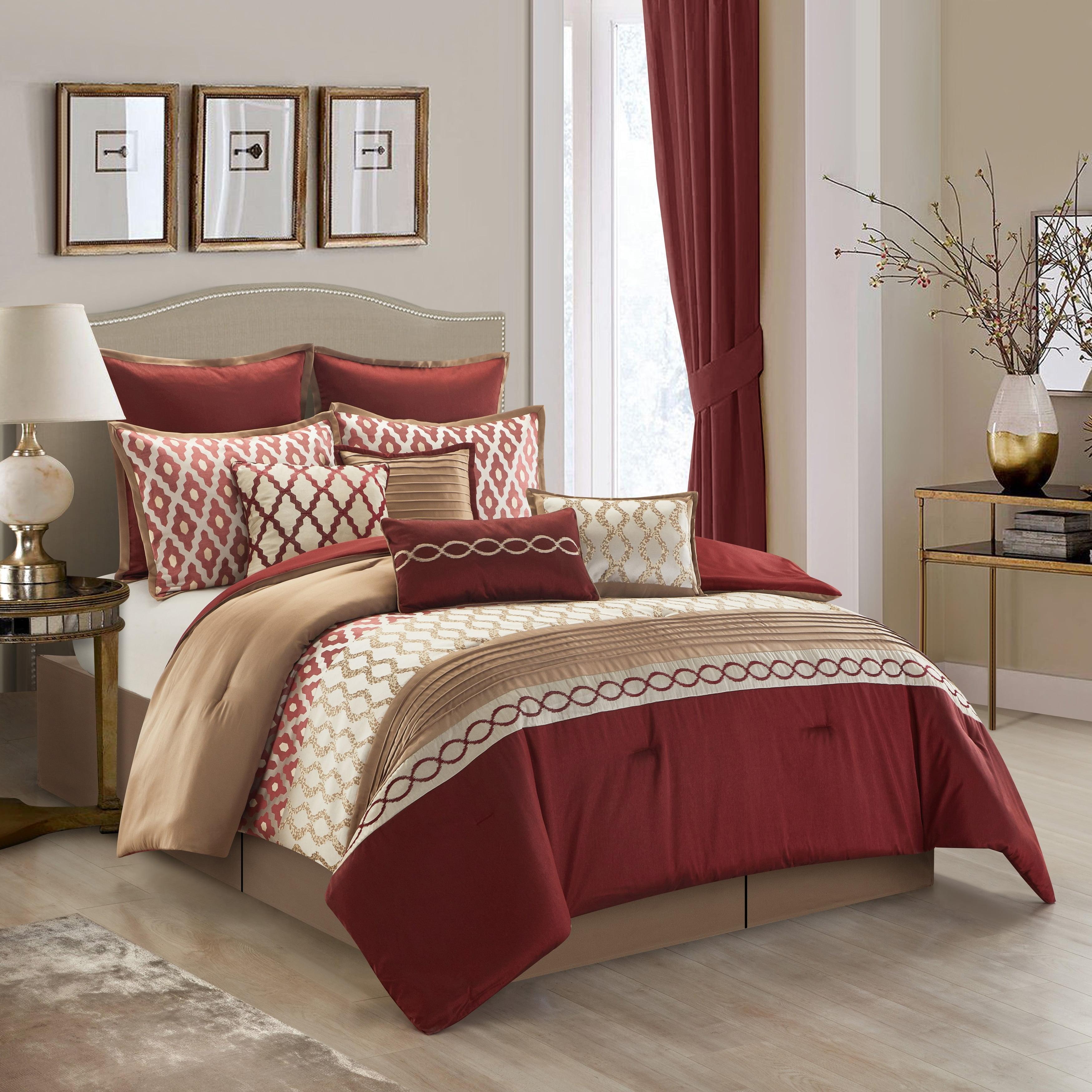 Queen Burgundy and Beige Microfiber 10-Piece Comforter Set