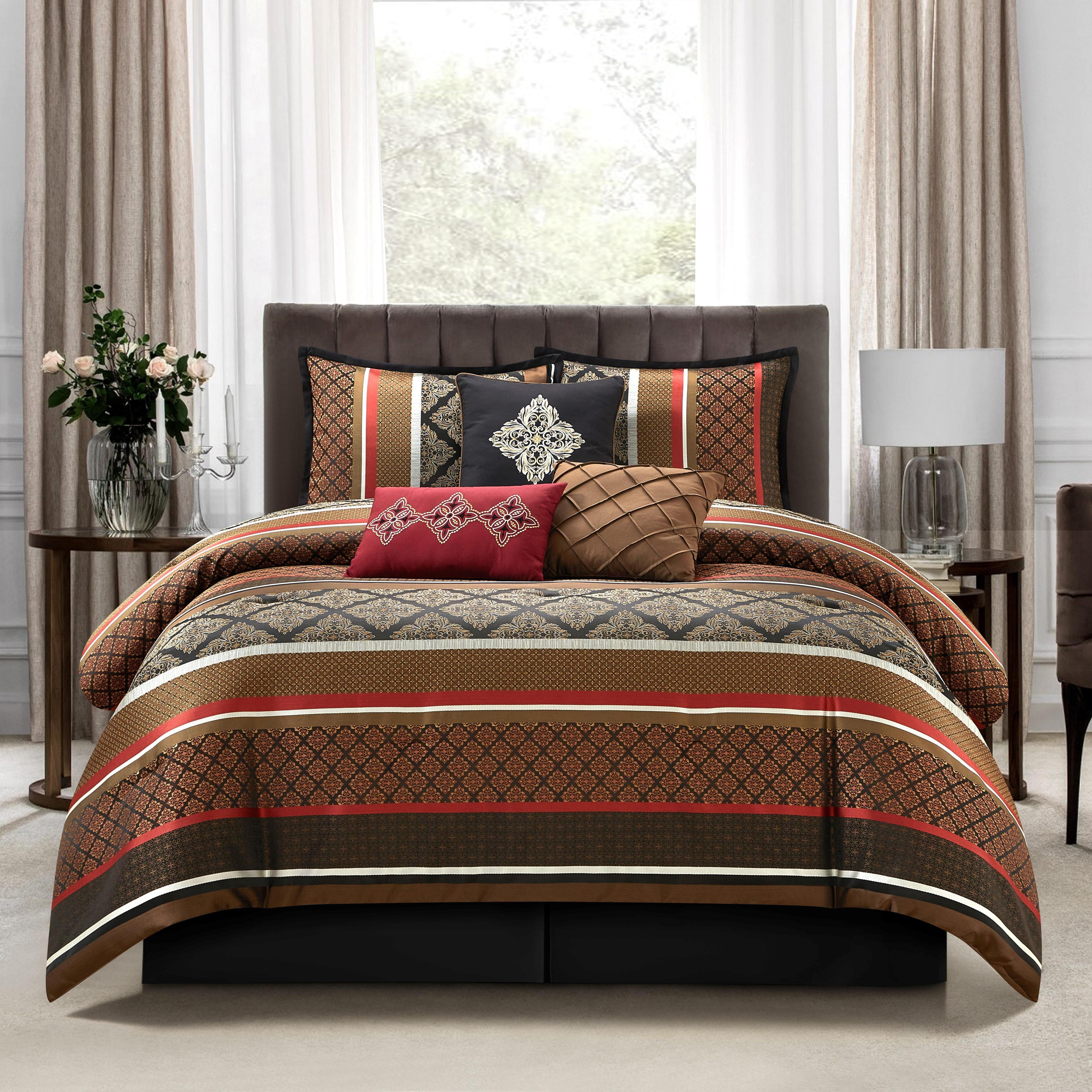 Red and Brown Microfiber Queen Comforter Set with Decorative Pillows