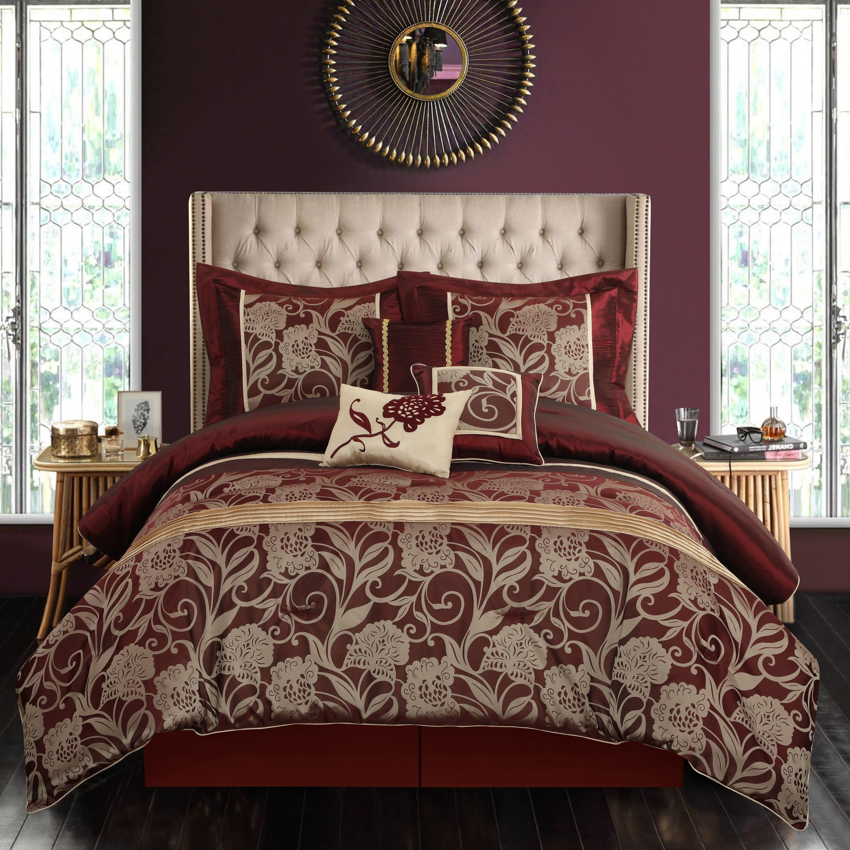 Burgundy and Gold King Microfiber Floral Comforter Set