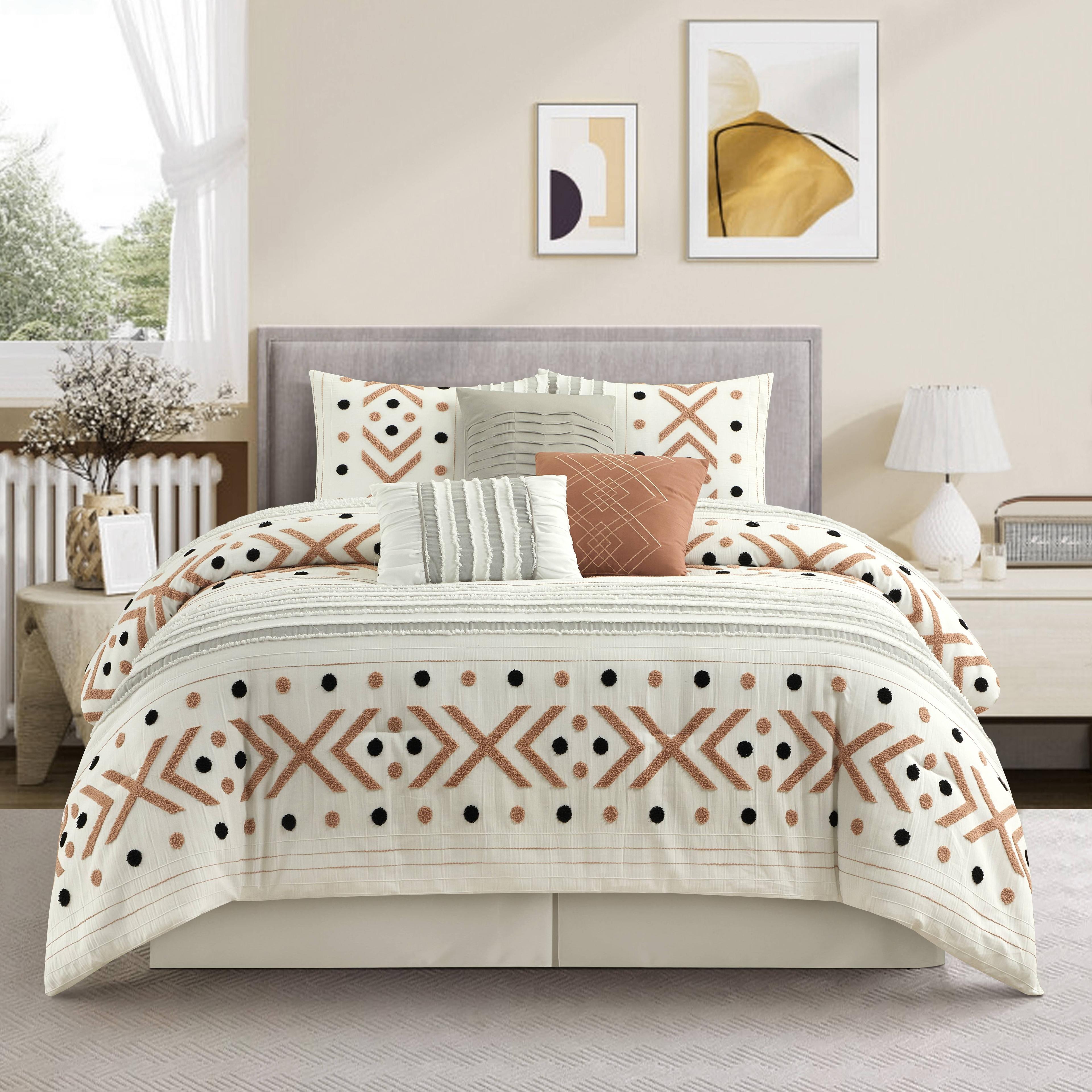 California King White and Taupe Geometric Comforter Set