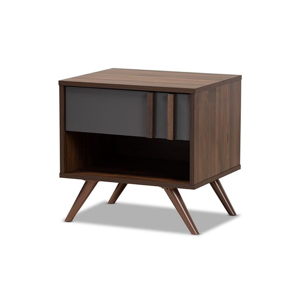 1 Drawer Naoki Two-Tone Wood Nightstand Gray/Walnut - Baxton Studio: Bedside Storage, Splayed Legs, Retro Design