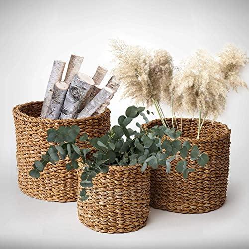 Rustic Seagrass Round Storage Baskets, Set of 3