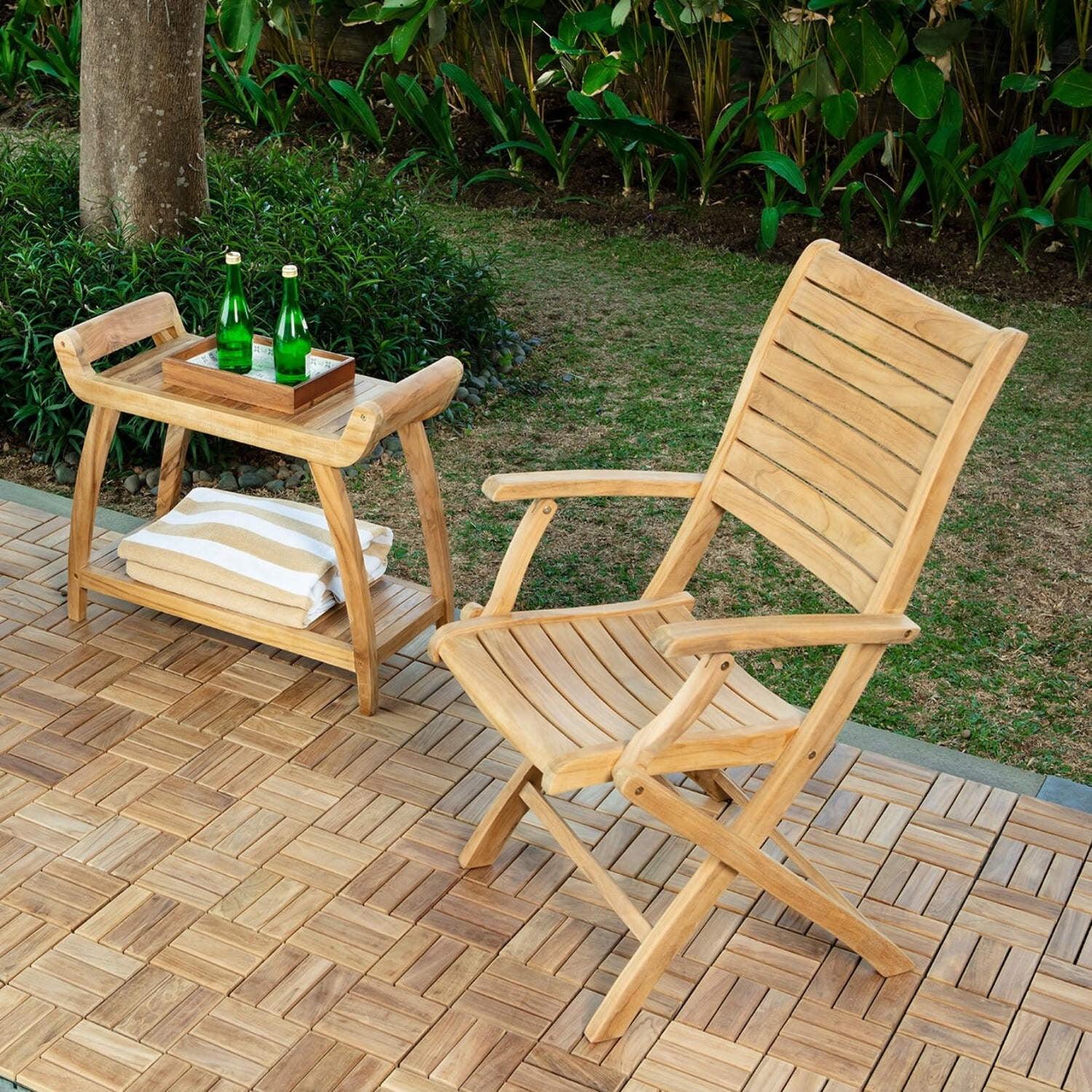 Nordic Teak Natural Outdoor Patio Folding Chair with Arm Rests - Beige