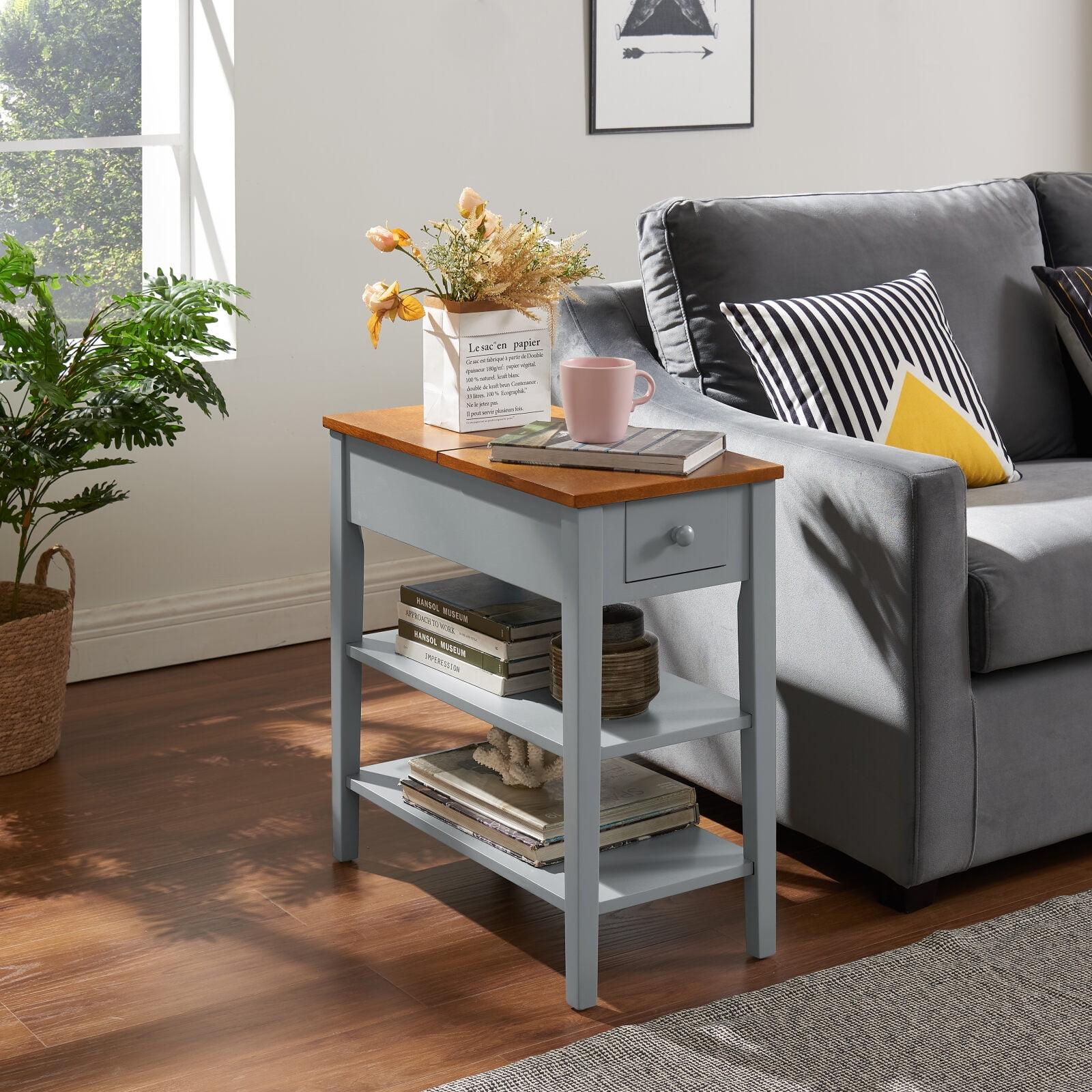 Gray MDF Narrow End Table with Charging Station and Shelves