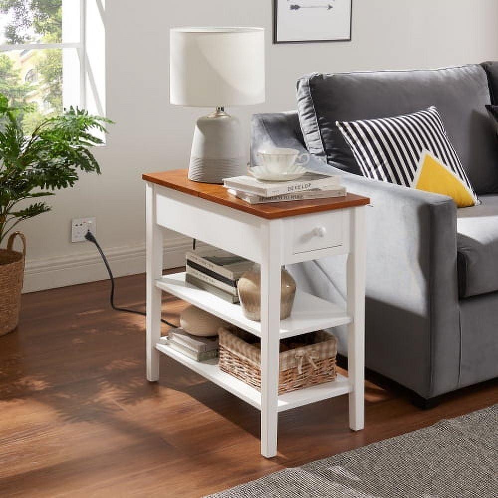 Narrow White and Brown Wood End Table with USB Ports