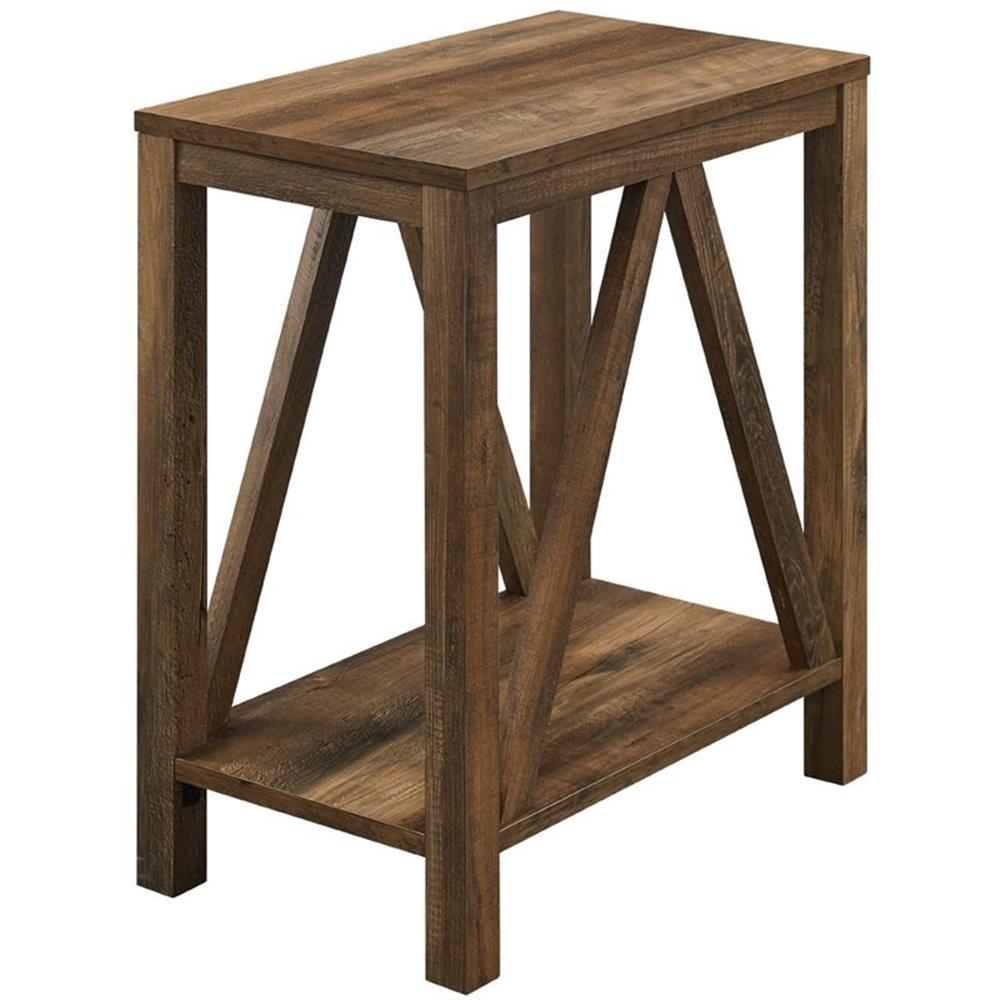 Narrow A-Frame End Table with Open Storage Shelf in Rustic Oak