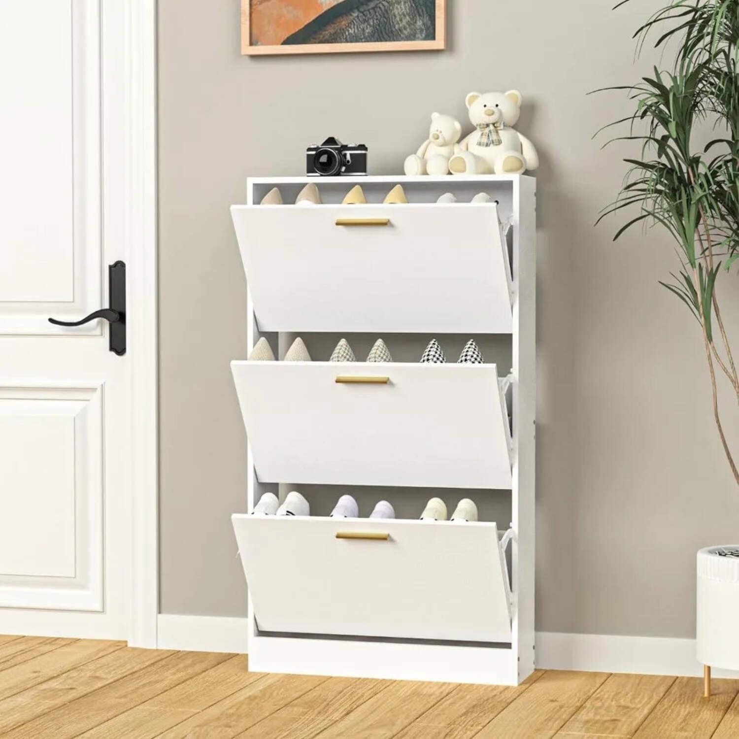 White Narrow Wood Shoe Storage Cabinet with 3 Flip Drawers